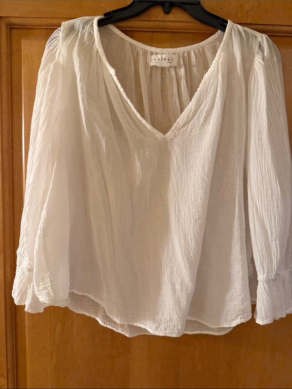 Velvet White Gauze V-Neck Peasant Top sz S.